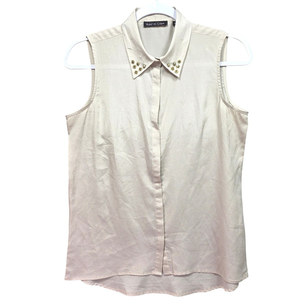 Violet Claire Sleeveless Studded Collar Blouse Womens S Champagne Beige Neutral